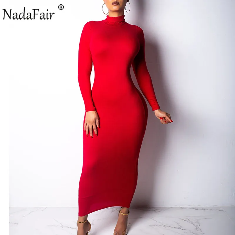 Nadafair Turtleneck Long Sexy Bodycon Dress Women Autumn Winter Long Sleeve Basic Red Black White Solid Midi Dress