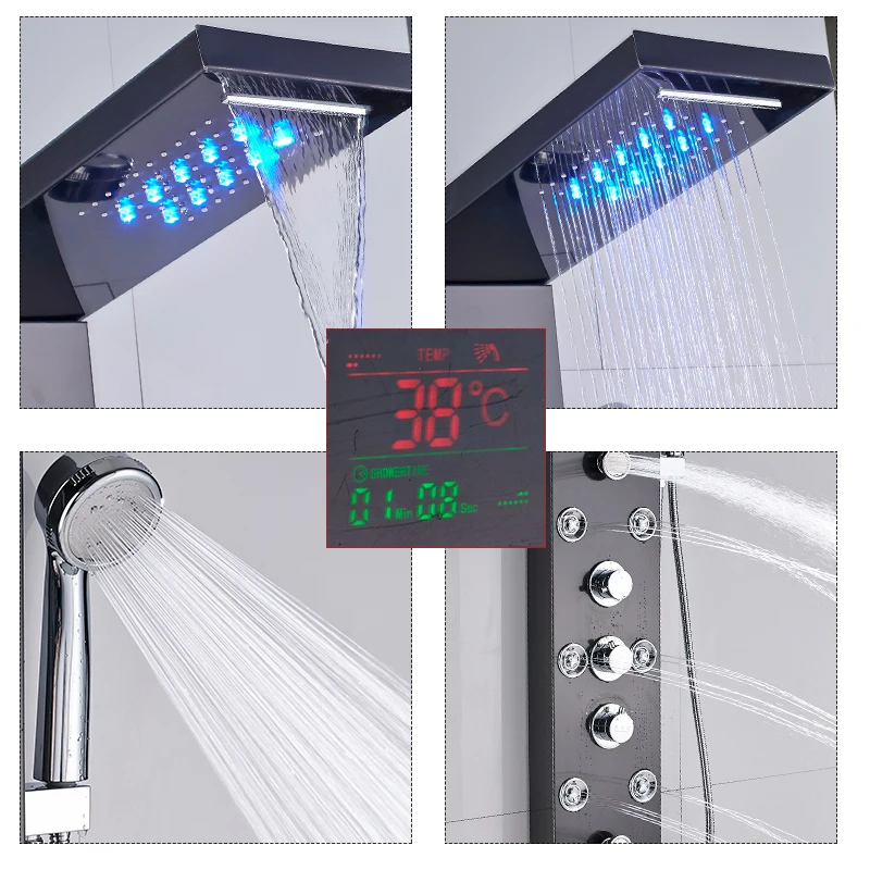 shower faucet rainfall and waterfall shower panel with led light and massage jet and handheld shower and temperature screen and tub spout faucet
