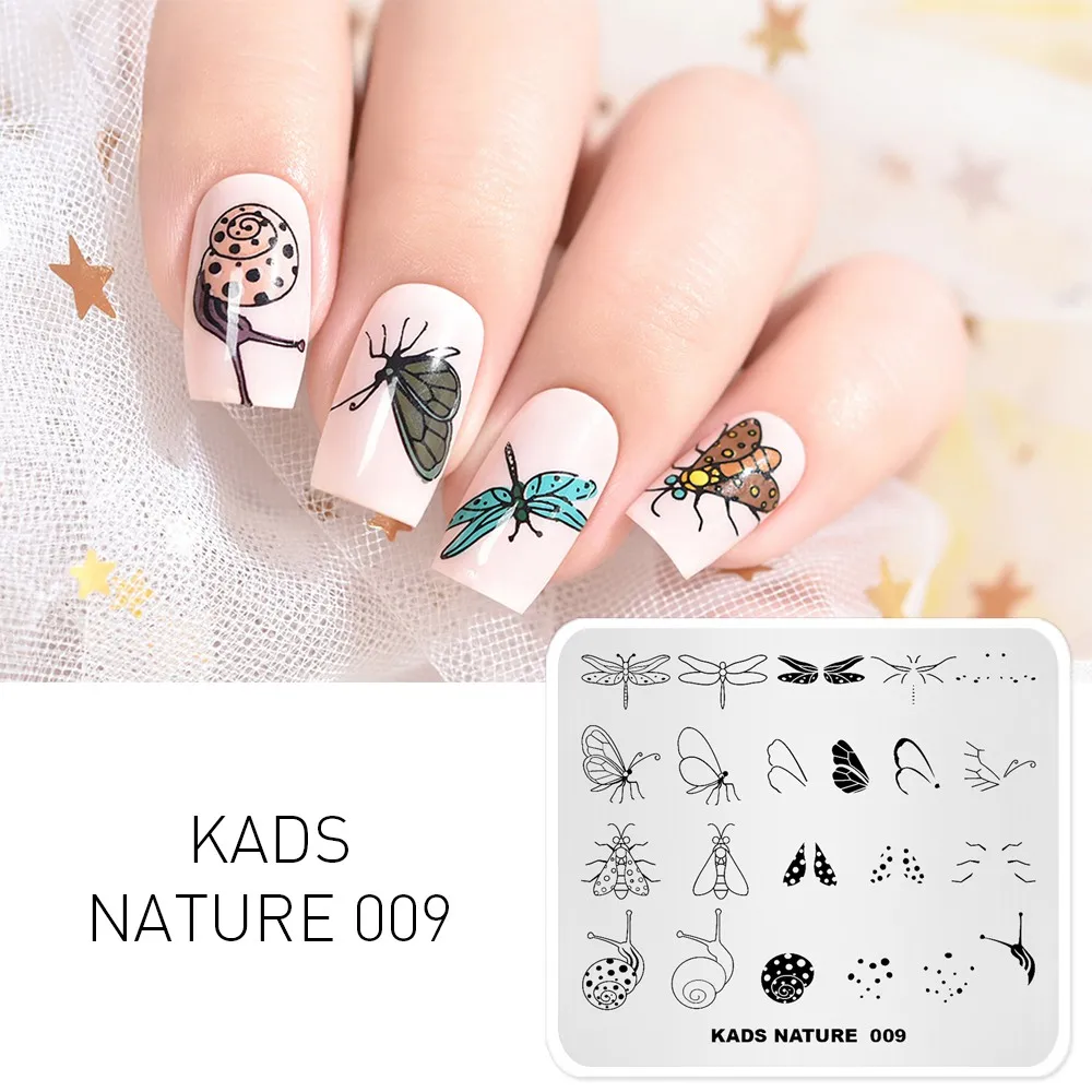 KADS Nature-009 пластины для стемпинга ногтей Бабочка Стрекоза Улитка Мотылек дизайн ногтей слоистый штамп маникюрный шаблон инструменты для ногтей