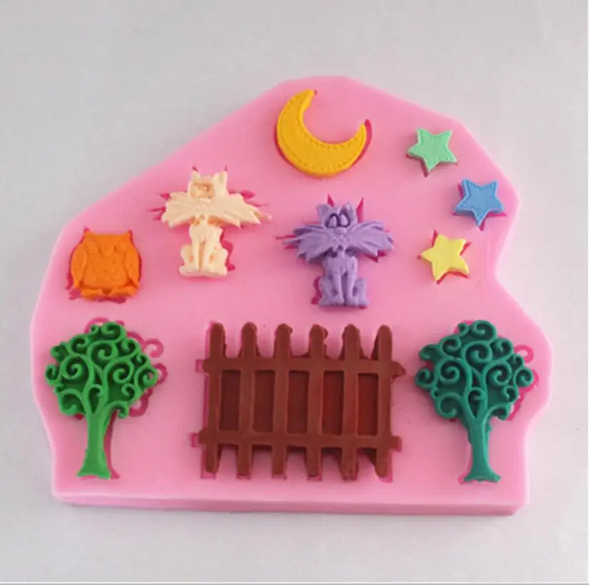 

Liquid silicone cake mold fondant cake decorating bakeware Cat Moon Fence