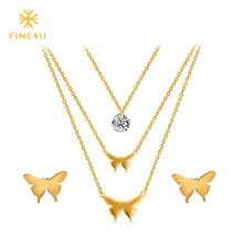 Новинка FINE4U N009 316L Ювелирные наборы из нержавеющей стали для женщин, ожерелье и серьги с бабочкой, покрытые фианитами комплект ювелирных изделий