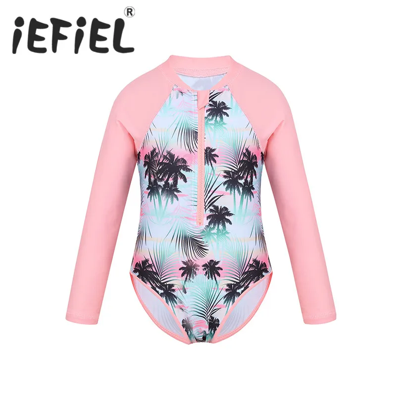 

Fashion Little Kids Girls One-piece Long Sleeves Palm Printed Zippered Swimsuit Swimwear Bathing Suit Rash Guard Outfits Set