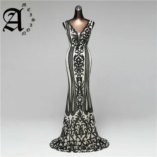 

Ameision New Double-V Long Evening Dress 2019 Sexy Backless Luxury Sequin Sleeveless prom gowns formal party dress