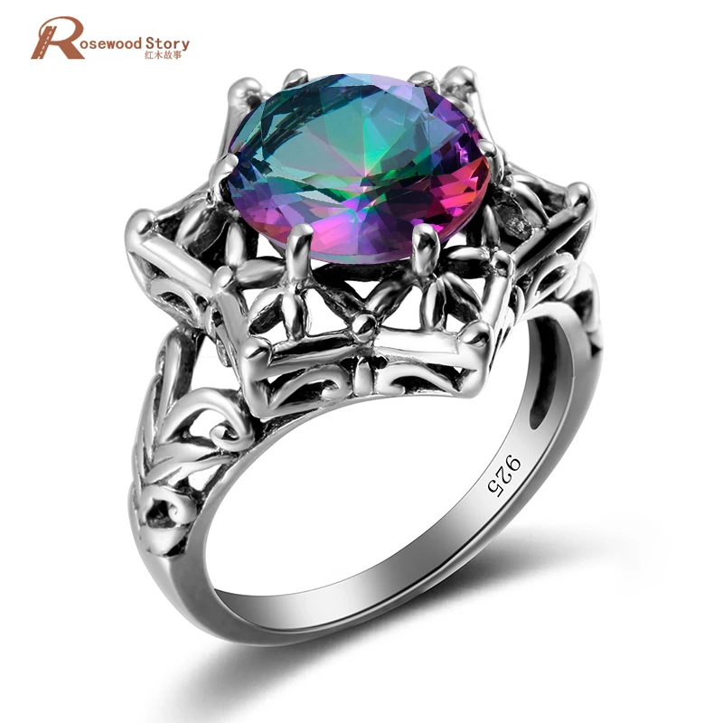 

Big Promotion 2.3ct Real 925 Sterling Silver Ring Mystic Rainbow Lab Topaz Crystal Rings For Women Wedding Engagement Jewelry