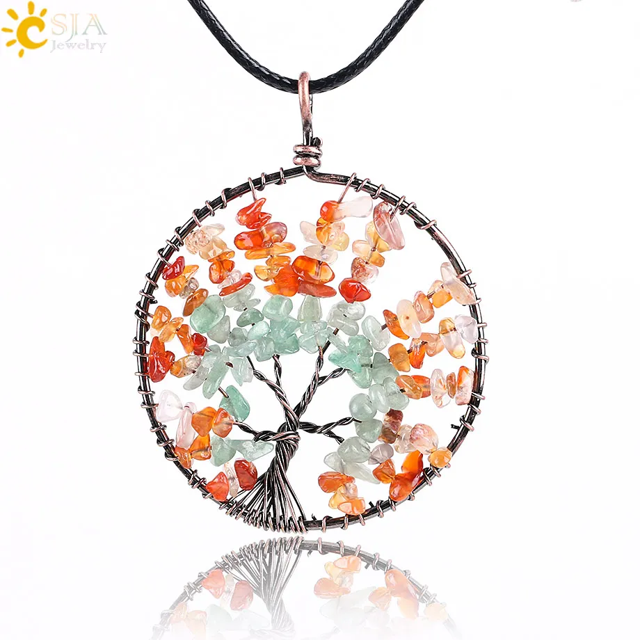 

CSJA Tree of Life Chip Natural Stone Necklace & Pendants Purple Yellow Crystal Quartz Green Aventurine Reiki Chakra Jewelry E767