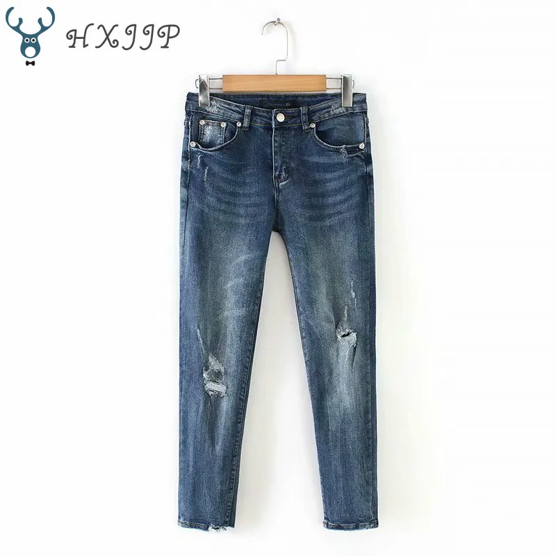 

HXJJP Spring New Women's Fashion Wash Holes Loose Jeans Full Length Bleached Washed Vintage Loose Straight Distressed Jeans