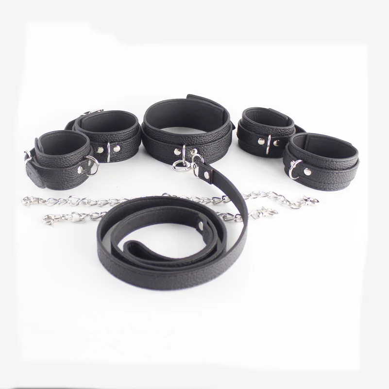 Buy Leashes neck collar hand ankle cuffs leather harness bondage kit slave