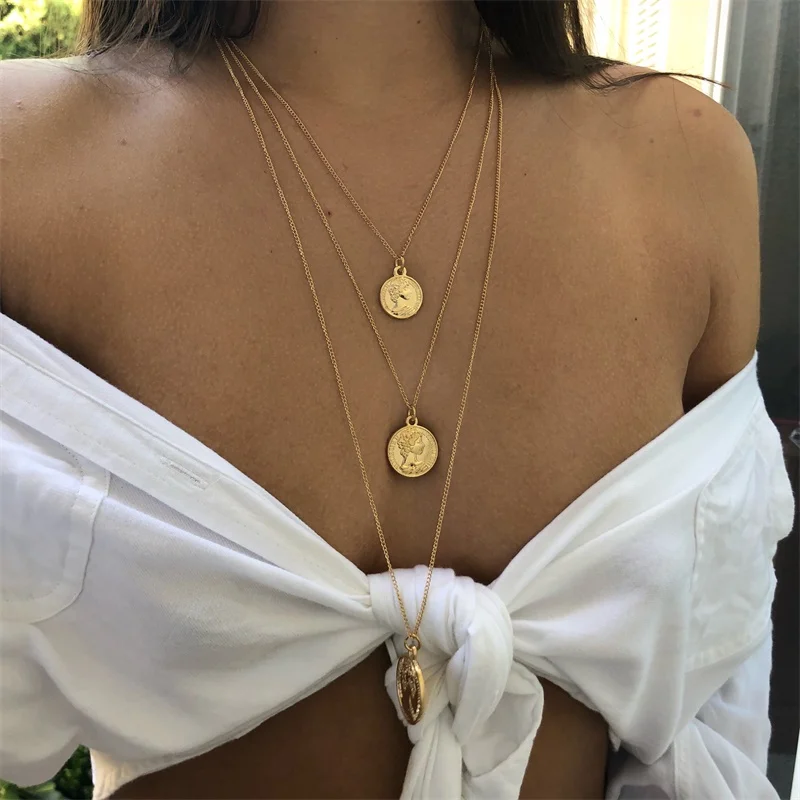 Винтажное резное ожерелье с монеткой для женщин, модное золотое ожерелье с медальоном, несколько Подвеска со слоями, длинное ожерелье, ювелирные изделия в стиле бохо