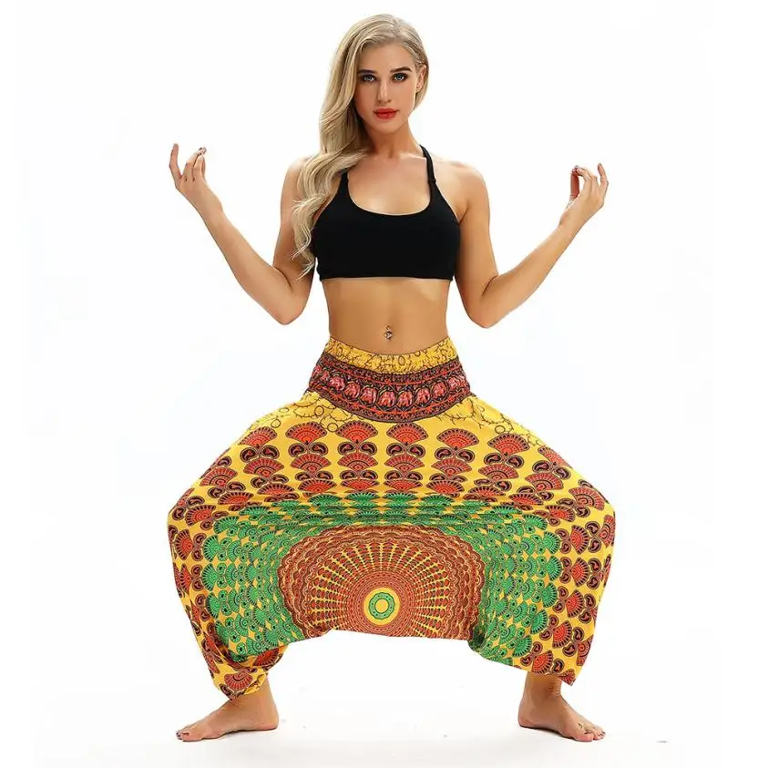 Новые спортивные женские повседневные свободные штаны для йоги широкие брюки Boho Aladdin Комбинезон гарем брюки с высокой талией Женские Штаны Для Йоги
