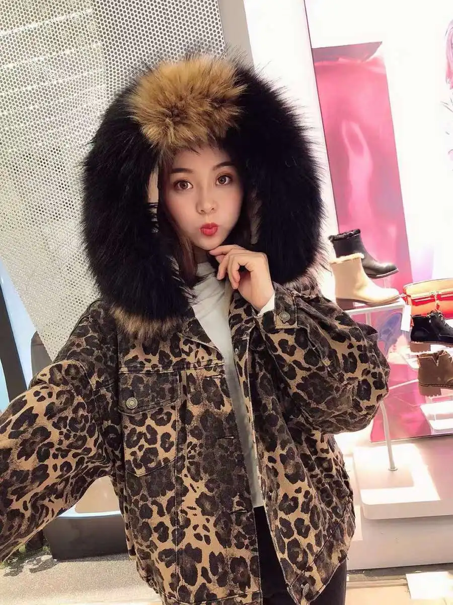 Women Lambs Wool Denim Jacket Female Leopard Thick Winter Cotton-padded Coat