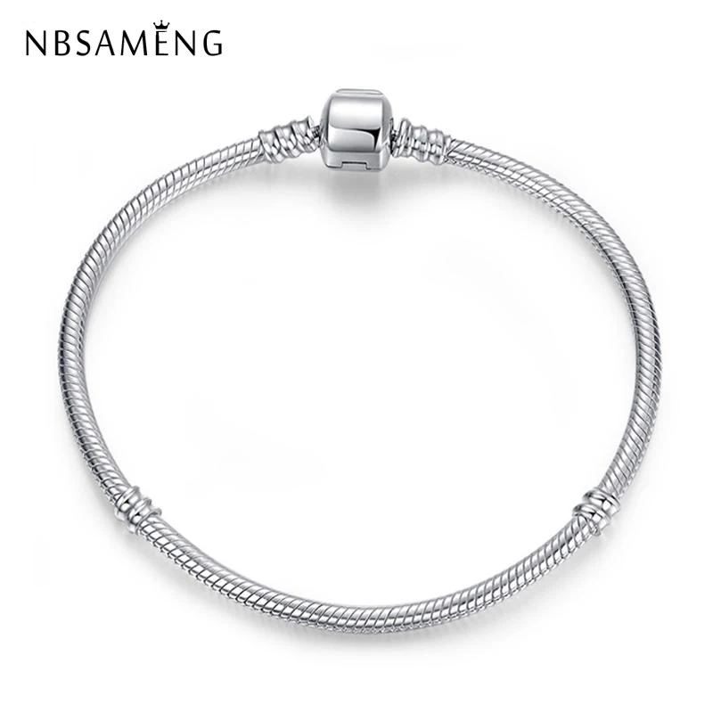 

Original 100% 925 Sterling Silver Bracelet Bead Charm Heart Snowflake Rose Snake Chain Basic Bracelets Pan Women DIY Jewelry