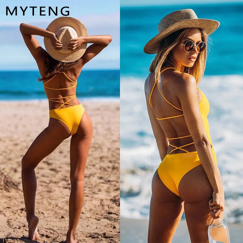 

2019 Sexy bikini One Piece Women Swimsuit Female 6 Solid Color Fashion Bandage Bathing Suit Halter Bikini Swimwear Bikini Mujer