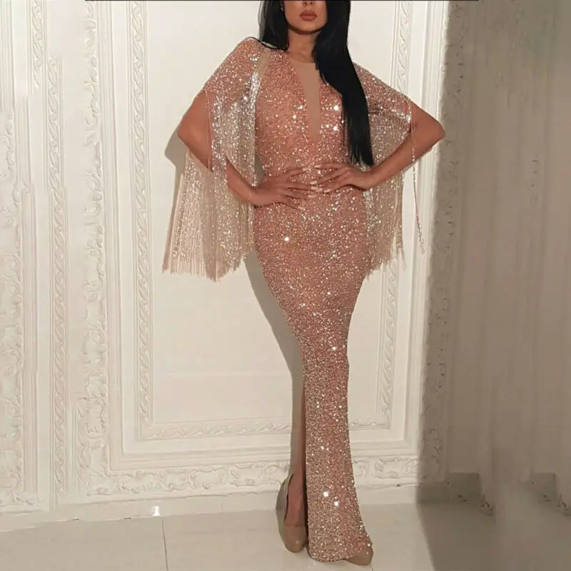 Womens Deep V-neck Glitter Bodycon Dresses Ladies Split Long Maxi Dress Party Evening Elegant Sexy Tassel Sleeve Dress Hot Sale