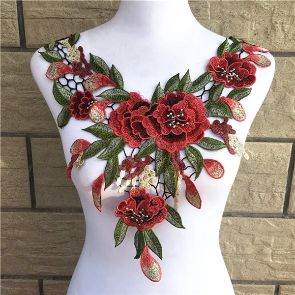 1pc greenred flower embroidery applique pacthes lace fabric neckline