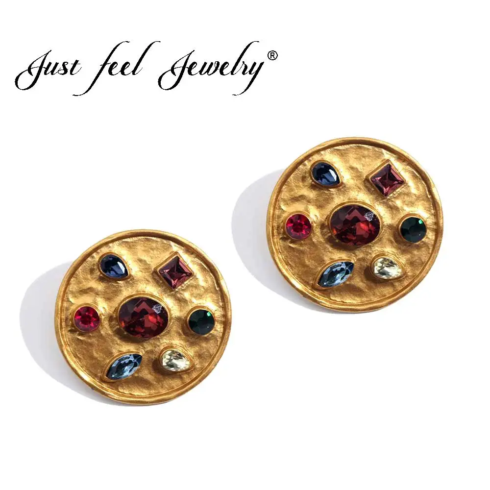

JUST FEEL New Round Golden Stud Earrings For Women Fashion Crystal Minimalist Statement Earrings Big Brand Trendy Female Jewelry