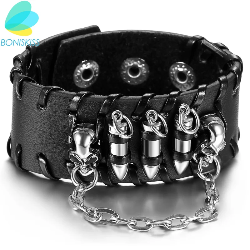 Boniskiss Fashion Creative Unique Male Bullet Bracelet Gothic Rock Punk Leather Bangles Halloween Gift For Men Party Jewelry