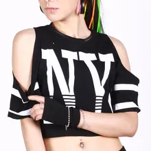 Хорошая новая мода джаз Ds шаровары Женская верхняя одежда свободная ультра-короткая футболка неоновый Дудл отверстие хип хоп танцевальный костюм футболка