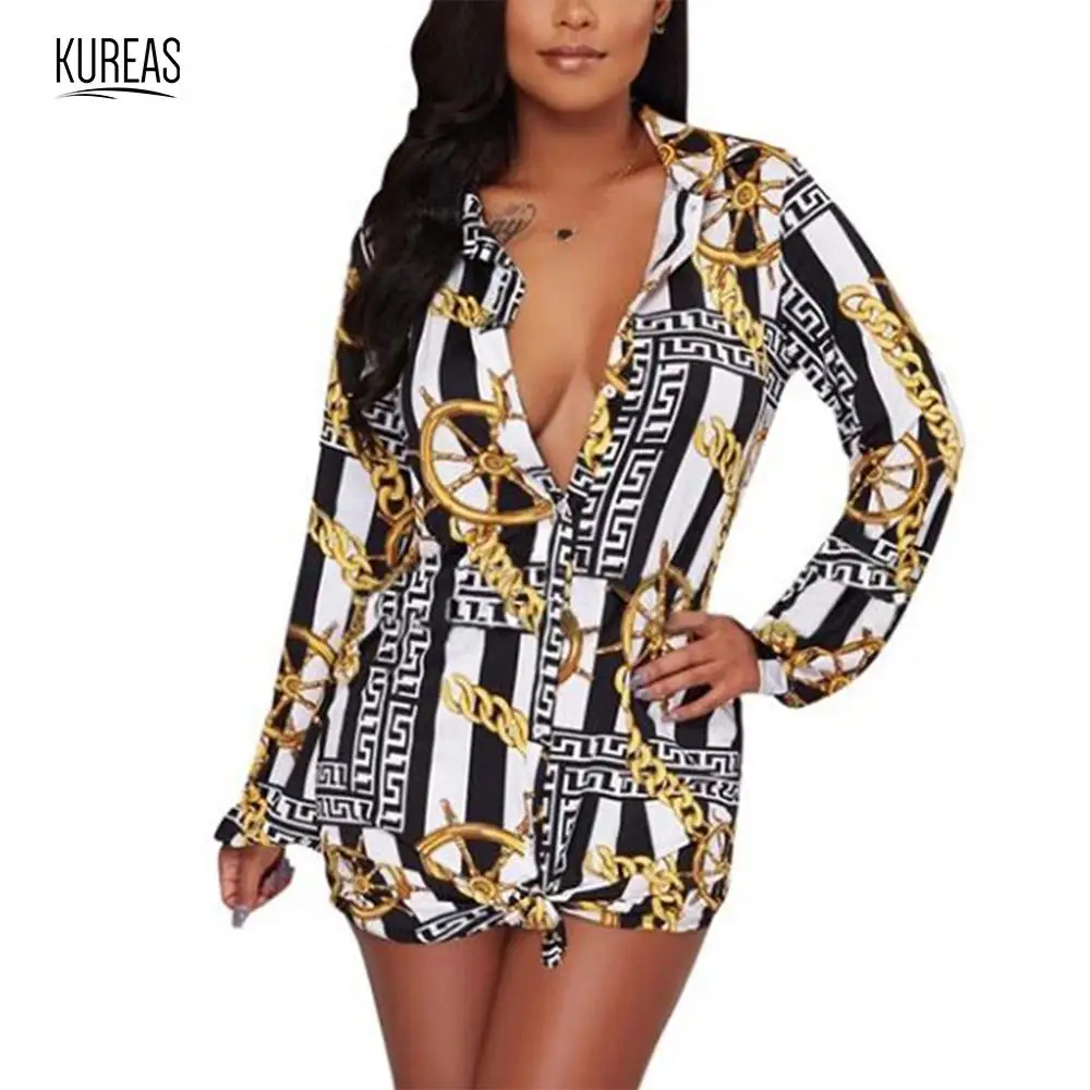 

Kureas African Dresses for Women Chain Print Sexy Shirt Dress African Clothes Blouse Long Sleeve Summer Vestido