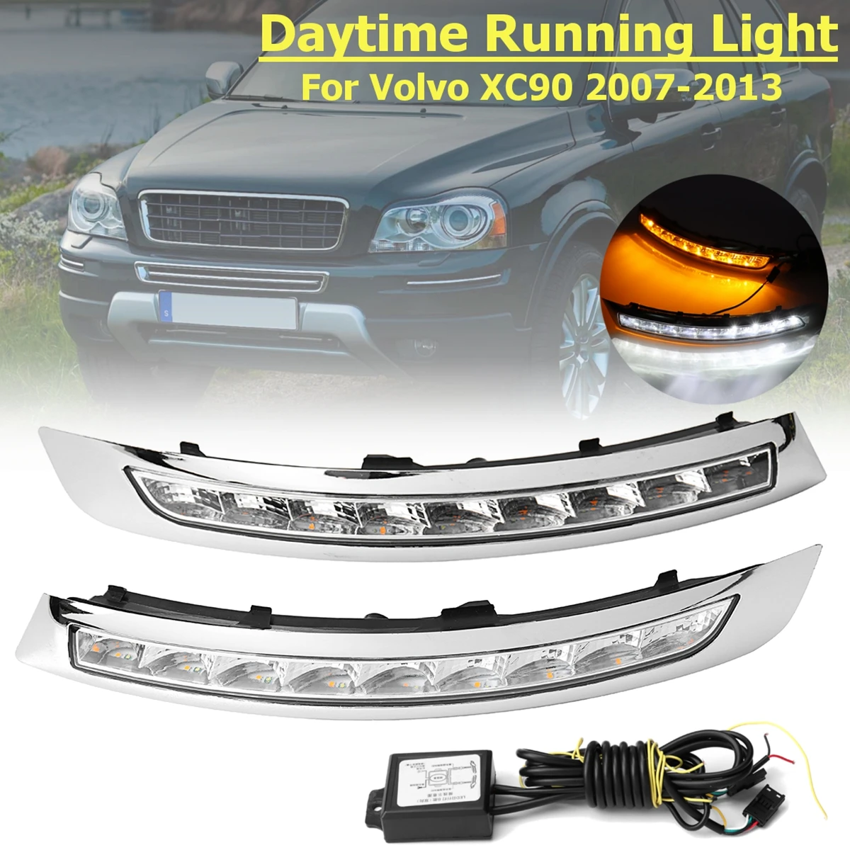

1Pair 12V LED DRL For Volvo XC90 2007-2013 Daytime Running Lights Flashing Lamp Turning Signal Bumper fog lamp Frame Fog Light