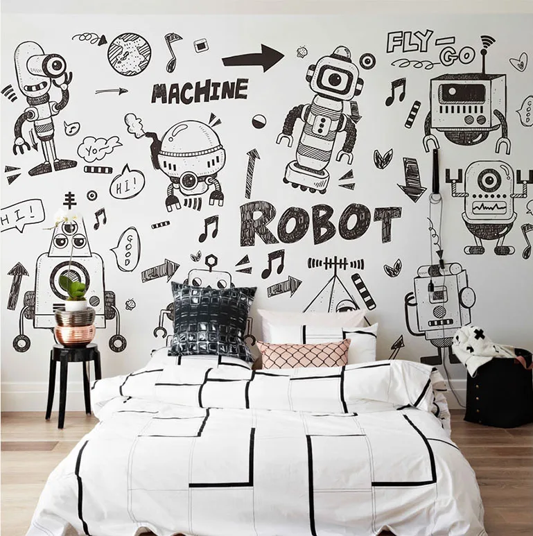 Us 99 45 Offcartoon Black And White Wallpaper Mural 3d Wall Photo Mural For Kids Room Sofa Background 3d Robot Wall Paper Mural Decor In