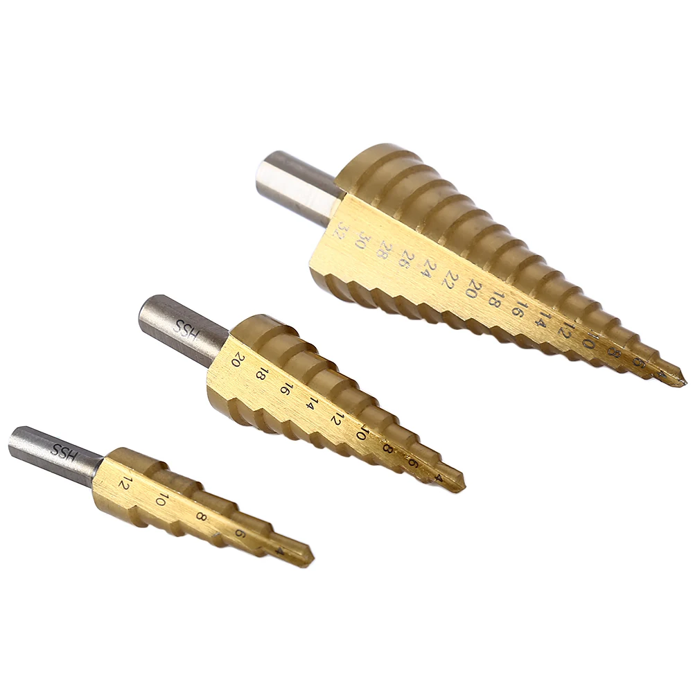 

3pcs/lot HSS 4241 Step Cone Drill Bit Set Triangle Shank Titanium Coated Hole Cutter Wood Drilling Tool Set 4-12 / 20 / 32mm