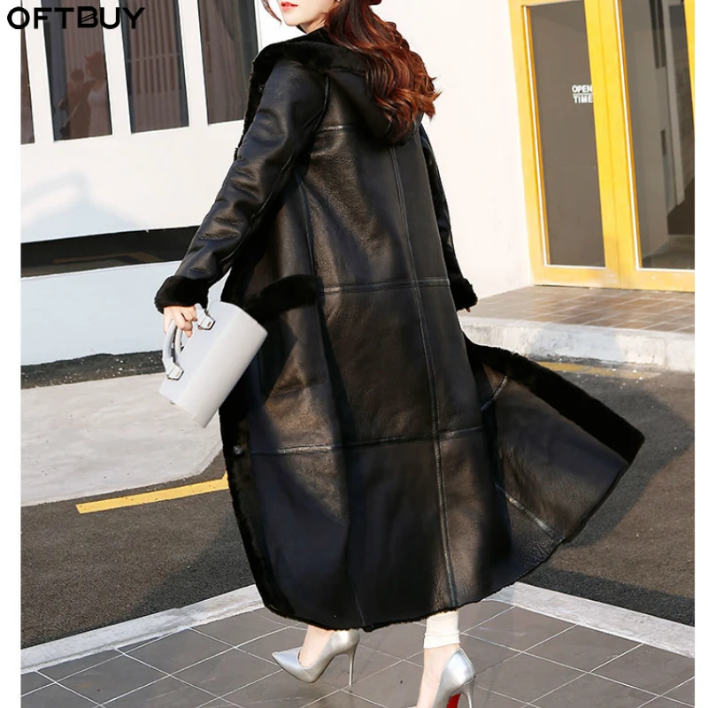 

OFTBUY 2019 Real Fur Coat Winter Jacket Women Double-faced Fur Real Leather Coat Natural Sheep Fur Hood Thick Warm Streetwear