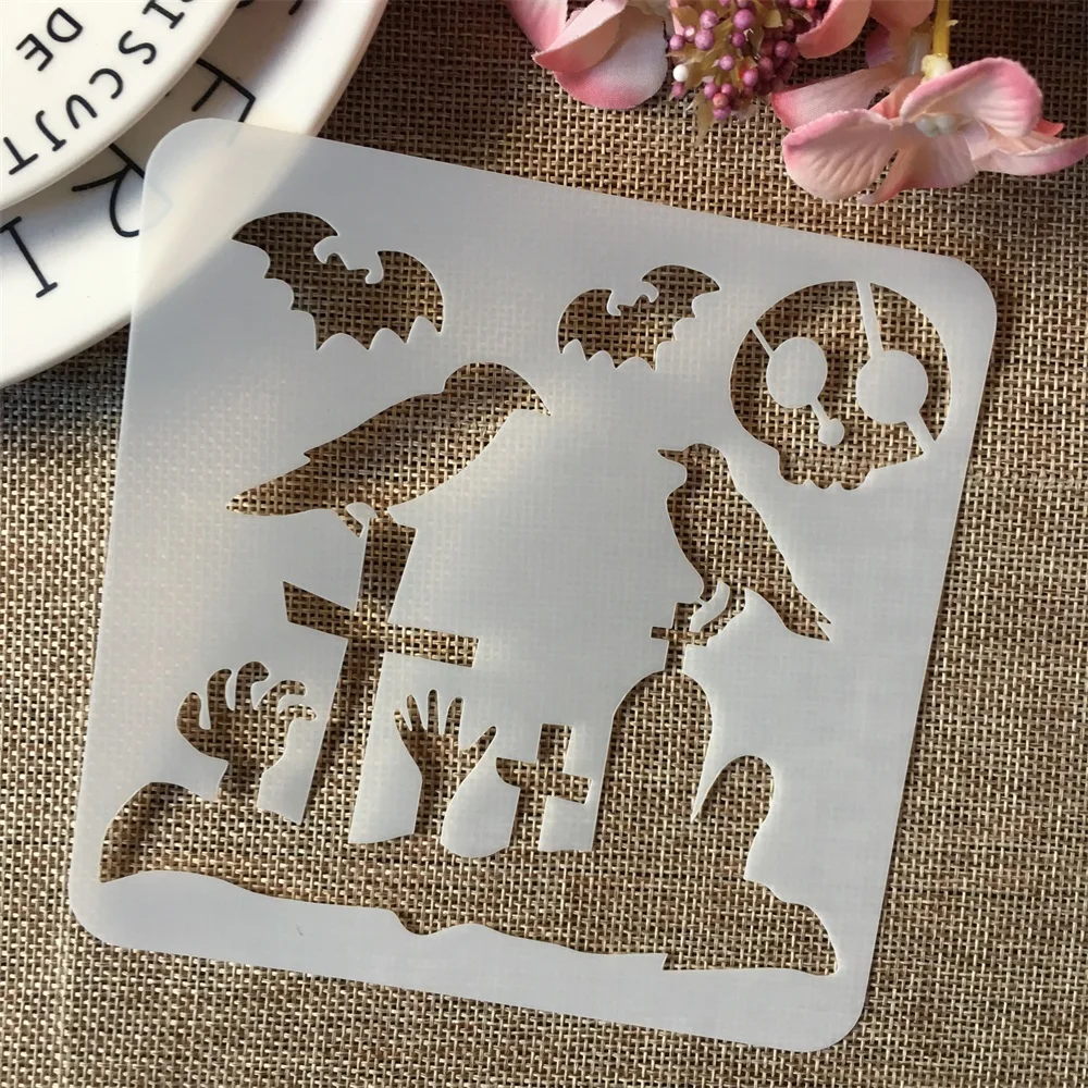

1Pcs 5*5inch Crow Bat Skull Tomb Halloween DIY Layering Stencils Painting Scrapbook Coloring Embossing Album Decorative Template