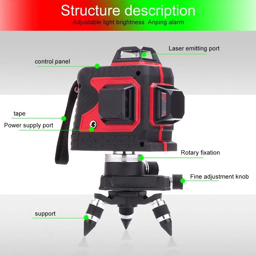 Мощный 12 линий красный зеленый лазерный уровень 8 лучевая линия алюминиевая коробка самонивелирующийся 360 звуковой сигнал тревоги горизонтальный и вертикальный крест
