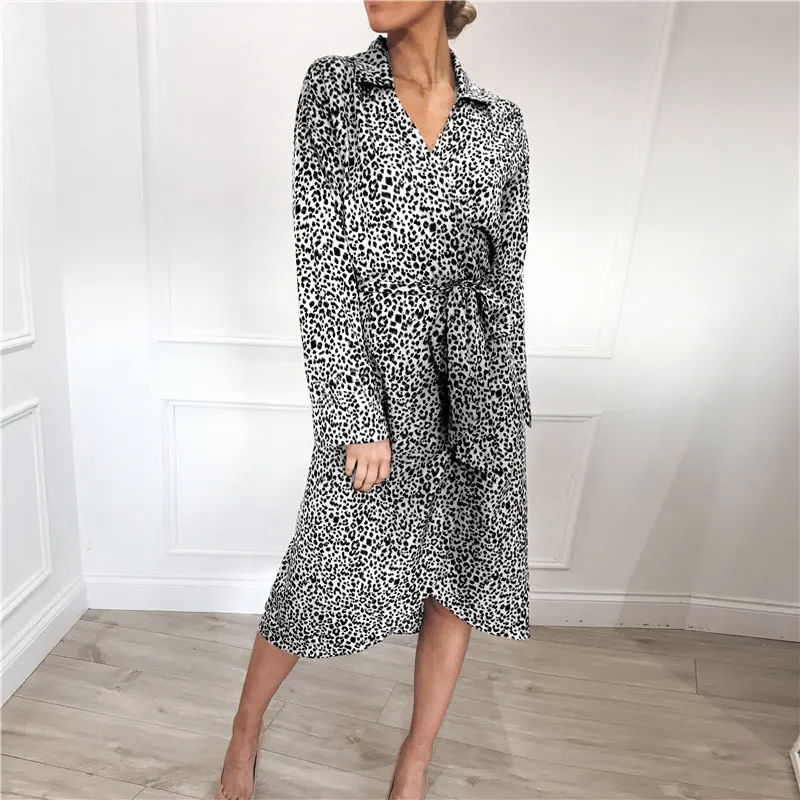

2019 Leopard Print Long Sleeve Dress Autumn Spring Vintage Ladies Office Dress Turn-down Collar Midi Sash Dresses Tunic Vestido