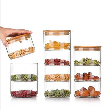 

High Borosilicate Transparent Glass Sealed Tank, Storage Tank, Grain Receiving Bottle, Bamboo and Wood Cover, One-piece Combinat