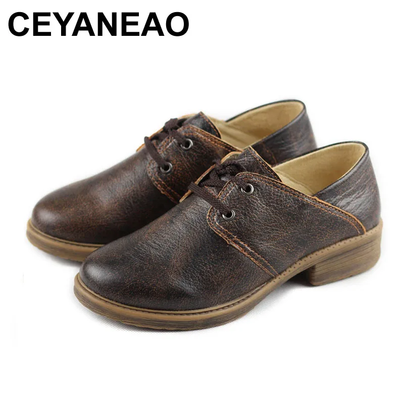 

CEYANEAO Shoes Woman Flat Black Retro Oxford Shoes for Women 100% Authentic Leather Flat Shoes Female spring Footwear (358)