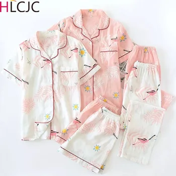 

Various Simple Short Pyjamas Women Gauze Cotton Short Sleeves Ladies Pajama Sets Shorts Cute Cartoon Sleepwear Women 3 Pieces