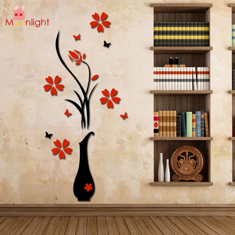 Wall Stickers Acrylic 3D Plum Flower Vase Wall Stickers Home Decor Wall Decal Red Floral Wall Sticker