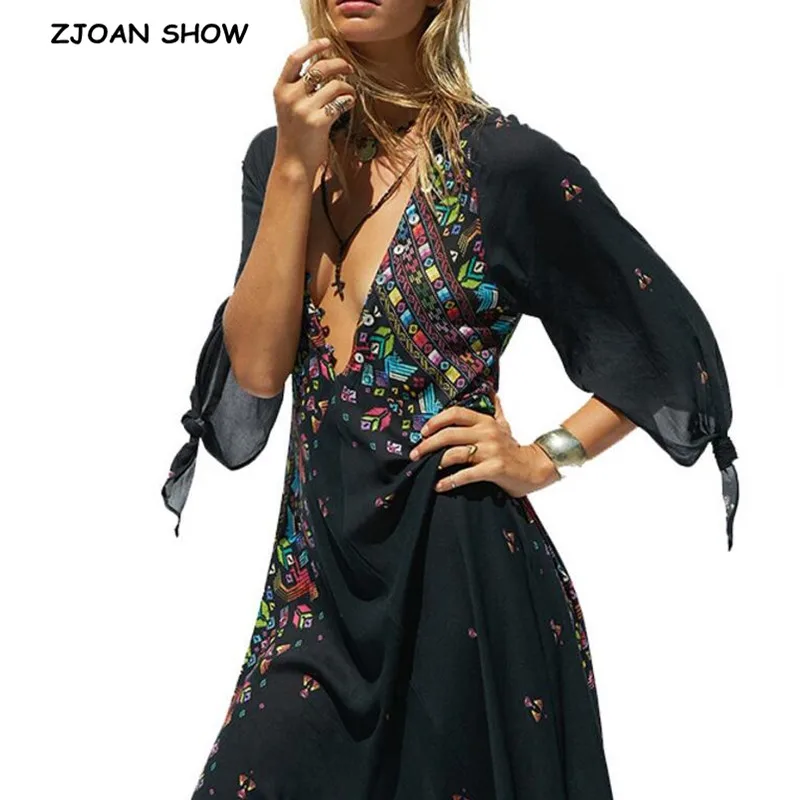 

2019 New Bohemian Deep V neck Location Floral Print Maxi Long Dresses Sexy Women Holiday 3/4 Sleeve Aline Swing BOHO dresses
