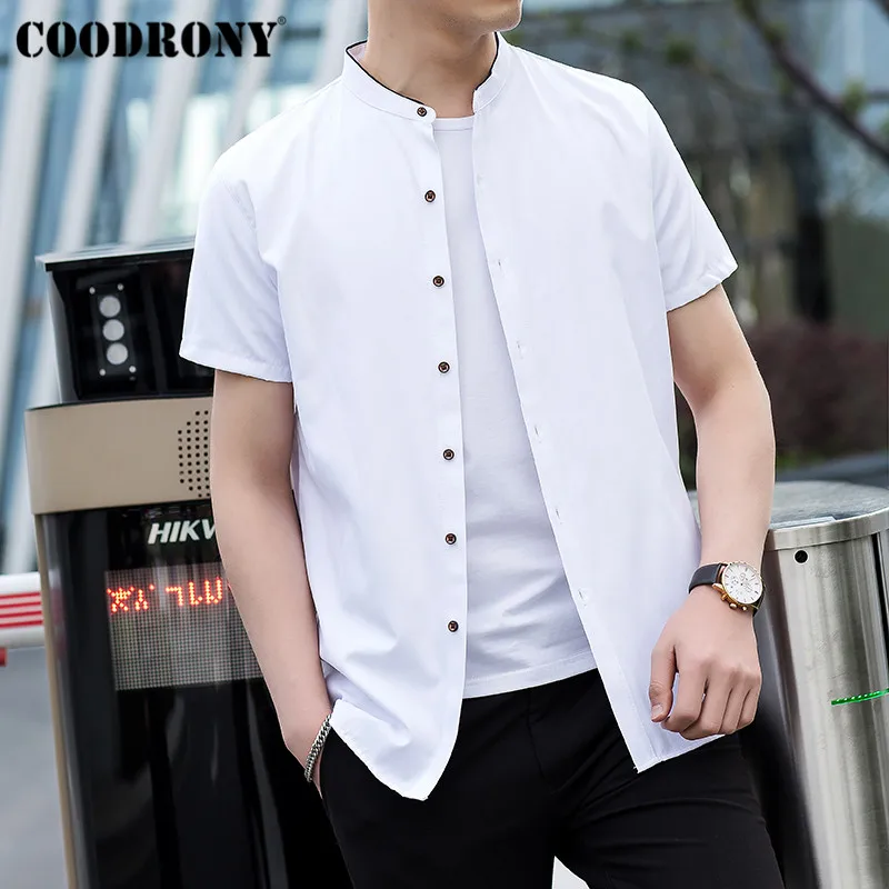 COODRONY, китайский стиль, воротник-стойка, короткий рукав, мужская рубашка, летняя, крутая, хлопок, рубашка, мужская, деловая, повседневная, рубашки, Camisa S96017 - Цвет: Белый