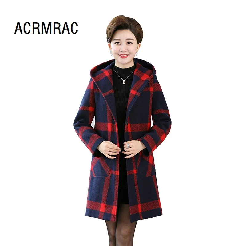 Woman jacket Slim Hairy Spring and Autumn Coats thick Hooded Plaid long jacket Woman