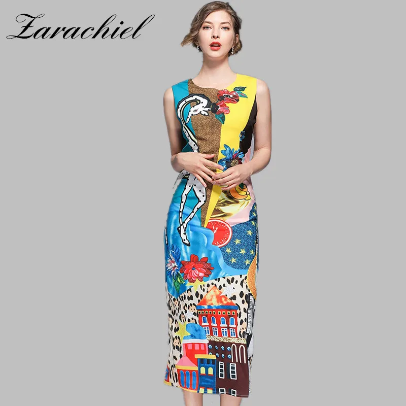 

2018 Summer Runway Designer Long Dress Women's Sleeveless Giraffe Cartoon Flower Print Back Split Party Vintage Tank Dress