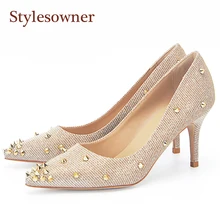 Stylesowner наивысшего качества золотые свадебные туфли с заостренными заклепками без шнуровки модные весенние туфли женские туфли-лодочки на высоком каблуке