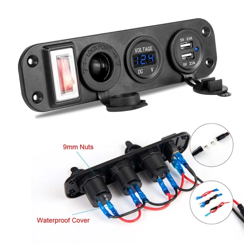 Car Charger Dual USB Adapter 12V Cigarette Lighter Socket LED Voltmeter Switch