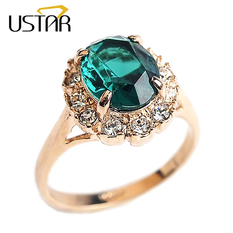 

USTAR Created Emerald wedding Rings for women Zircon Jewelry Green Semi-precious stone Rose gold color rings female Anel gift