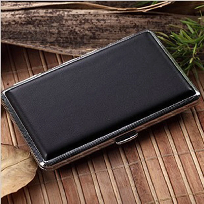Black Leather Slim Cigarette Case Box Holds 14pcs 100mm Long Cigarettes