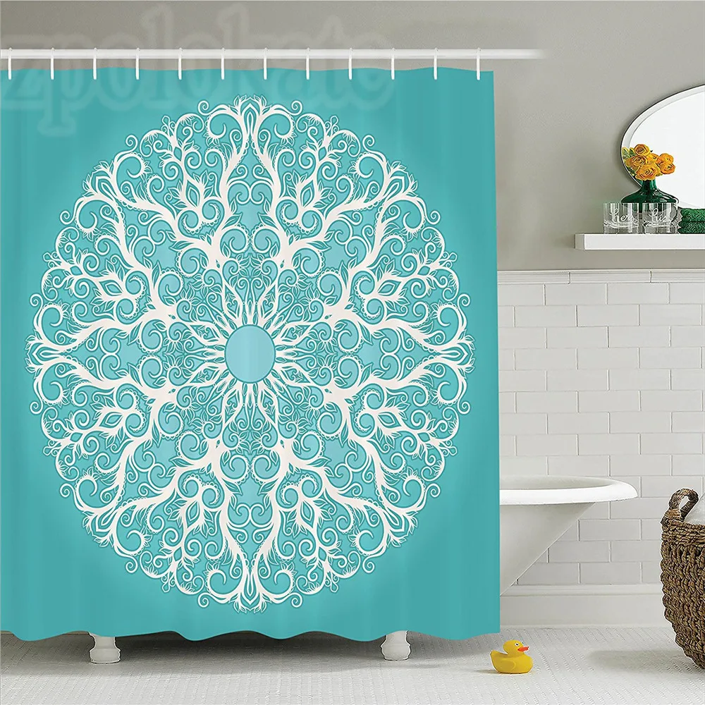 

Turquoise Decor Shower Curtain Set Round Curving Tree Branches Pattern Infinite Life Circle Symmetrical Cuves Floral Design Bath