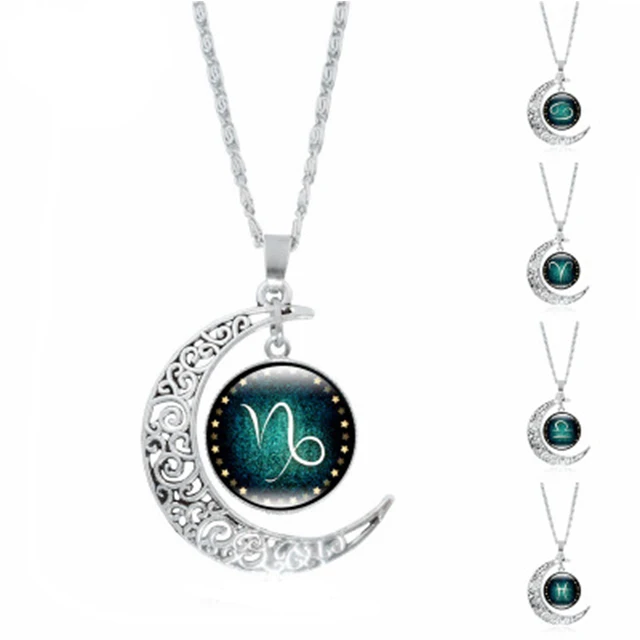 

2018 New 12 Constellation Necklace Glass Cabochon Moon Pendant Silver Plated Long Chain Necklace Fit for Women's DIY Jewelry