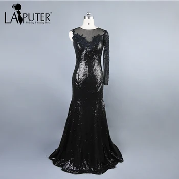 

Laiputer Real Photos One Shoulder Long Sleeve Black Evening Dress Mermaid See Through Back Sexy Prom Dresses Sequined Party Gown