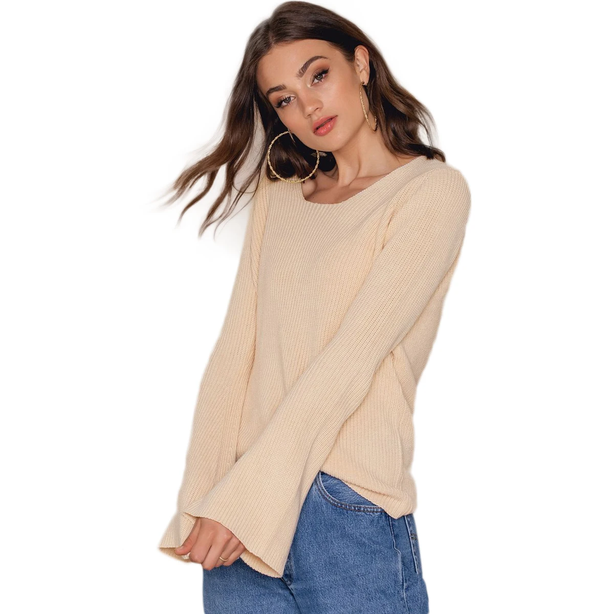 2018 Solid Apricot Backless Sweater Women Flared Sleeve Cut Out V Neck