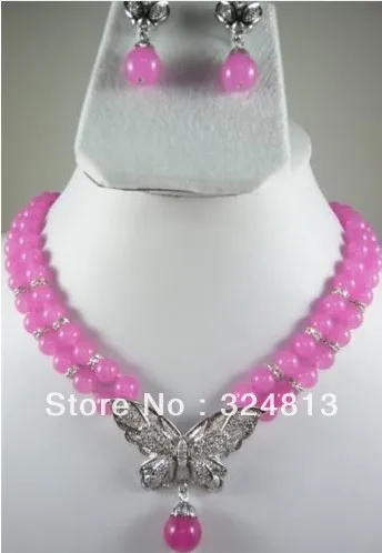 

free shipping>>> Pretty!2Rows Pink Chalcedony Necklace Earring Set