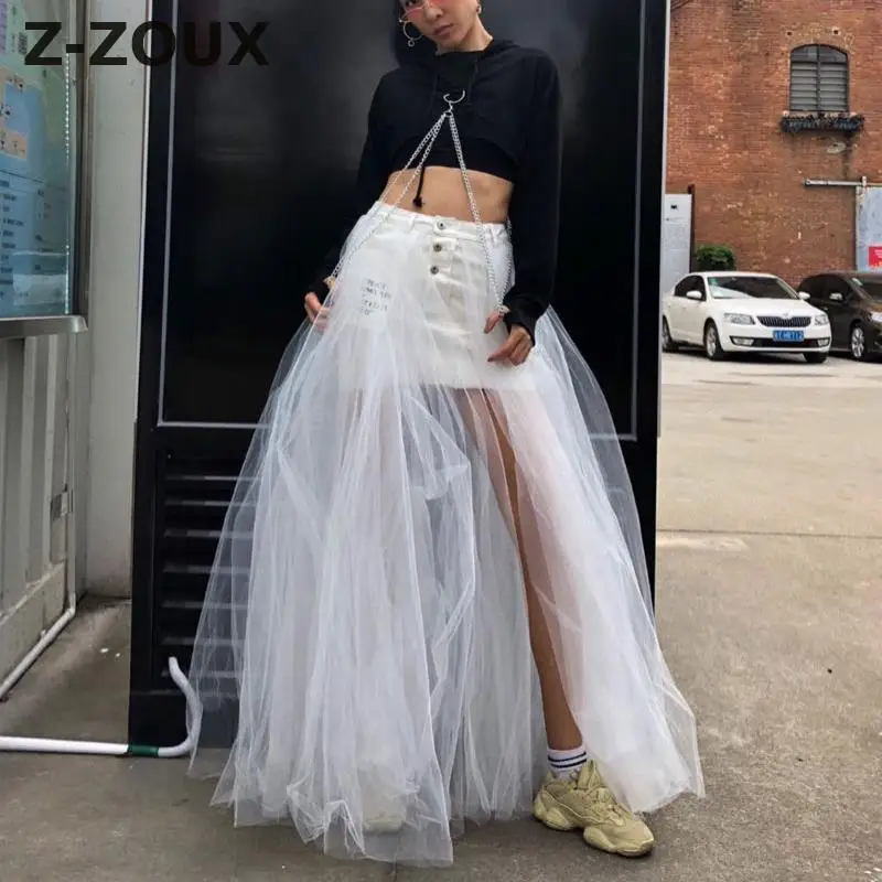

Z-ZOUX Women Skirt Mesh Spliced Irregular Skirt High Waist Loose Long Skirts Fairy White Ladies Skirts Spring 2019 Fashion New