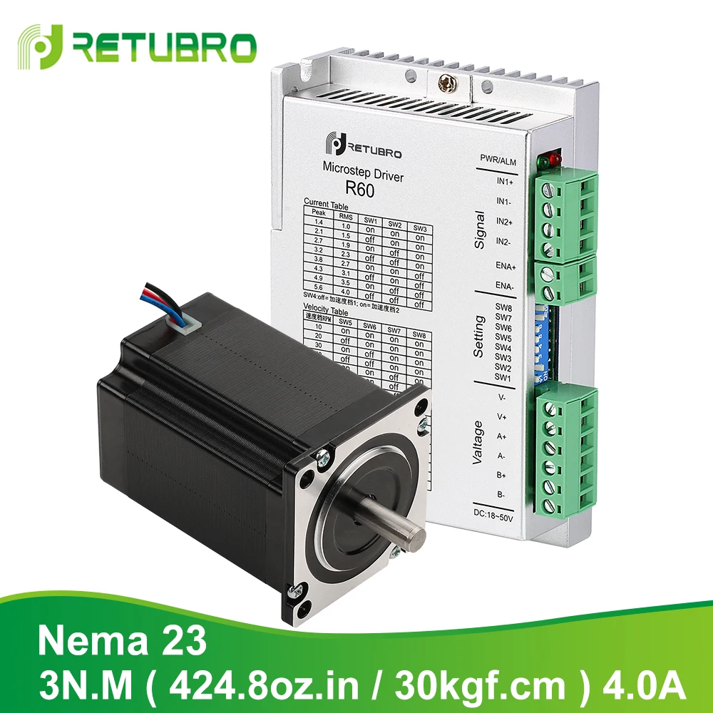 

CNC Router Kit 1pc Stepper Motor 1pc Stepper Driver Nema 23 24 R60+57A3 24-50VDC Power Voltage 3NM 2 Phase 4 wires 4A