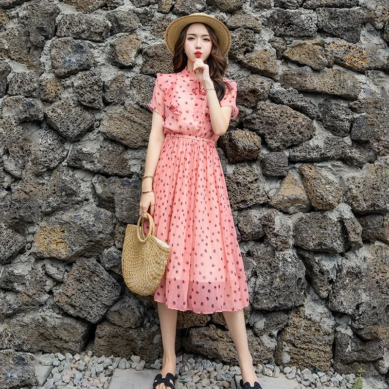 

Elastic Waist Chiffon Print Dot Dress Summer Beach Mid-Calf Stand Collar Bow Sweet Ruffles Refined Pleated Women's Summer Dress