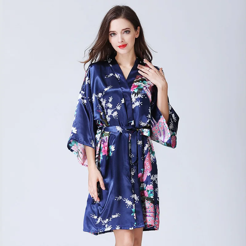 peacock Robe Wedding Bride Bridesmaid Robe Floral Bathrobe Short Kimono ...